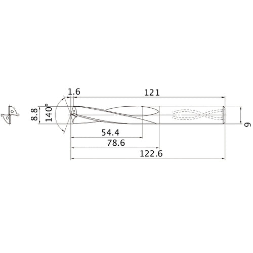 MAS0880LB HTI10 8.8 mm Dia. × 9 mm Shank × 78.6 mm Flute Length × 122.6 mm OAL, 140°, 2 Flute, Coolant Thru, Solid Carbide Drill