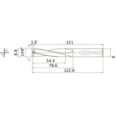 MAS0880LB HTI10 8.8 mm Dia. × 9 mm Shank × 78.6 mm Flute Length × 122.6 mm OAL, 140°, 2 Flute, Coolant Thru, Solid Carbide Drill