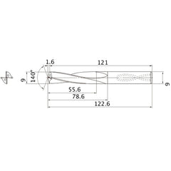 MAS0900LB HTI10 9 mm Dia. × 9 mm Shank × 78.6 mm Flute Length × 122.6 mm OAL, 140°, 2 Flute, Coolant Thru, Solid Carbide Drill