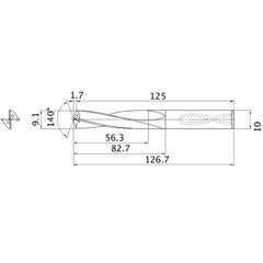 MAS0910LB HTI10 9.1 mm Dia. × 10 mm Shank × 82.7 mm Flute Length × 126.7 mm OAL, 140°, 2 Flute, Coolant Thru, Solid Carbide Drill