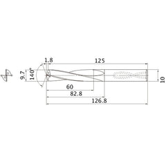 MAS0970LB HTI10 9.7 mm Dia. × 10 mm Shank × 82.8 mm Flute Length × 126.8 mm OAL, 140°, 2 Flute, Coolant Thru, Solid Carbide Drill