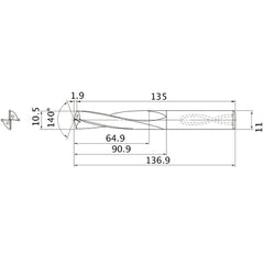 MAS1050LB HTI10 10.5 mm Dia. × 11 mm Shank × 90.9 mm Flute Length × 136.9 mm OAL, 140°, 2 Flute, Coolant Thru, Solid Carbide Drill
