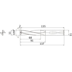 MAS1100LB HTI10 11 mm Dia. × 11 mm Shank × 91 mm Flute Length × 137 mm OAL, 140°, 2 Flute, Coolant Thru, Solid Carbide Drill