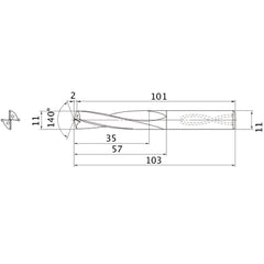 MAS1100MB HTi10 11 mm Dia. × 11 mm Shank × 57 mm Flute Length × 103 mm OAL, 140°, 2 Flute, Coolant Thru, Solid Carbide Drill