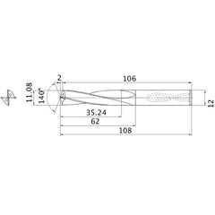 MAS1108MB HTi10 11.08 mm Dia. × 12 mm Shank × 62 mm Flute Length × 108 mm OAL, 140°, 2 Flute, Coolant Thru, Solid Carbide Drill