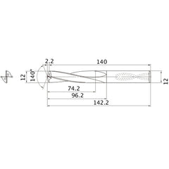 MAS1200LB HTI10 12 mm Dia. × 12 mm Shank × 96.2 mm Flute Length × 142.2 mm OAL, 140°, 2 Flute, Coolant Thru, Solid Carbide Drill