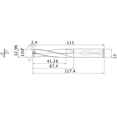 MAS1296MB HTi10 12.96 mm Dia. × 13 mm Shank × 67.4 mm Flute Length × 117.4 mm OAL, 140°, 2 Flute, Coolant Thru, Solid Carbide Drill