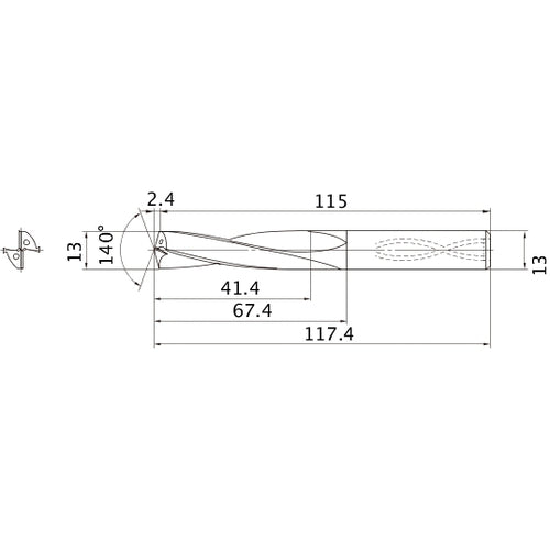 MAS1300MB HTi10 13 mm Dia. × 13 mm Shank × 67.4 mm Flute Length × 117.4 mm OAL, 140°, 2 Flute, Coolant Thru, Solid Carbide Drill