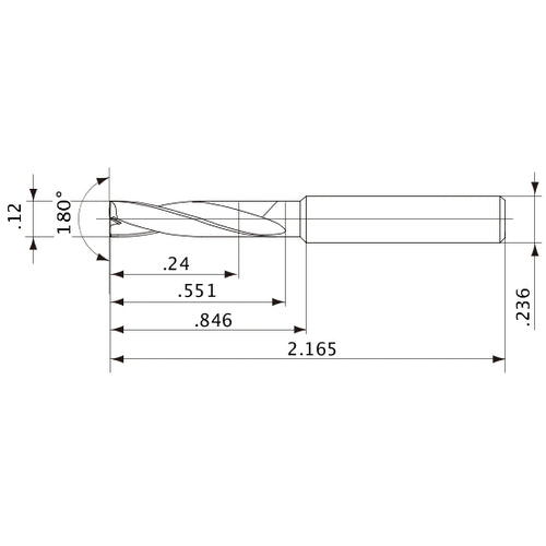 MFE0305X02S060 DP1020 0.12″ Dia. × 0.236″ Shank × 0.551″ Flute Length × 2.165″ OAL, 180°, 2 Flute, External Coolant, Solid Carbide Drill