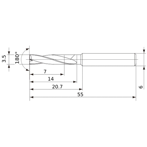 MFE0350X02S060 DP1020 3.5 mm Dia. × 6 mm Shank × 14 mm Flute Length × 55 mm OAL, 180°, 2 Flute, External Coolant, Solid Carbide Drill