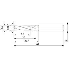 MFE0420X02S060 DP1020 4.2 mm Dia. × 6 mm Shank × 18 mm Flute Length × 62 mm OAL, 180°, 2 Flute, External Coolant, Solid Carbide Drill