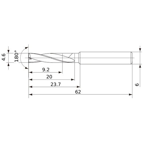 MFE0460X02S060 DP1020 4.6 mm Dia. × 6 mm Shank × 20 mm Flute Length × 62 mm OAL, 180°, 2 Flute, External Coolant, Solid Carbide Drill