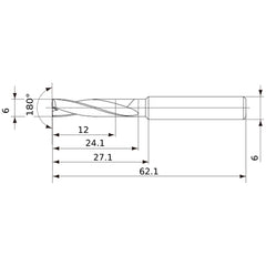 MFE0600X02S060 DP1020 6 mm Dia. × 6 mm Shank × 24 mm Flute Length × 62 mm OAL, 180°, 2 Flute, External Coolant, Solid Carbide Drill
