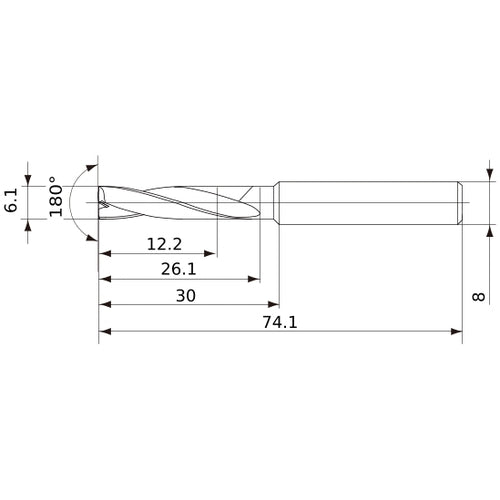 MFE0610X02S080 DP1020 6.1 mm Dia. × 8 mm Shank × 26 mm Flute Length × 74 mm OAL, 180°, 2 Flute, External Coolant, Solid Carbide Drill
