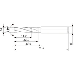 MFE0710X02S080 DP1020 7.1 mm Dia. × 8 mm Shank × 30 mm Flute Length × 74 mm OAL, 180°, 2 Flute, External Coolant, Solid Carbide Drill