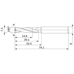 MFE0730X02S080 DP1020 7.3 mm Dia. × 8 mm Shank × 30 mm Flute Length × 74 mm OAL, 180°, 2 Flute, External Coolant, Solid Carbide Drill