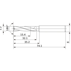 MFE0770X02S080 DP1020 7.7 mm Dia. × 8 mm Shank × 32 mm Flute Length × 74 mm OAL, 180°, 2 Flute, External Coolant, Solid Carbide Drill