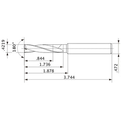 MFE1072X02S120 DP1020 0.4219″ Dia. × 0.472″ Shank × 1.736″ Flute Length × 3.744″ OAL, 180°, 2 Flute, External Coolant, Solid Carbide Drill