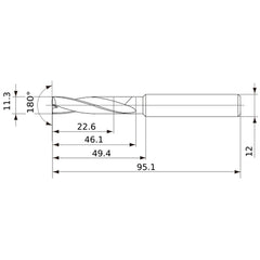 MFE1130X02S120 DP1020 11.3 mm Dia. × 12 mm Shank × 46 mm Flute Length × 95 mm OAL, 180°, 2 Flute, External Coolant, Solid Carbide Drill