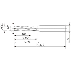MFE1151X02S120 DP1020 0.4531″ Dia. × 0.472″ Shank × 1.894″ Flute Length × 3.744″ OAL, 180°, 2 Flute, External Coolant, Solid Carbide Drill