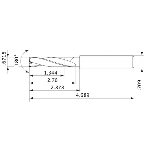 MFE1707X02S180 DP1020 0.6718″ Dia. × 0.709″ Shank × 2.76″ Flute Length × 4.689″ OAL, 180°, 2 Flute, External Coolant, Solid Carbide Drill