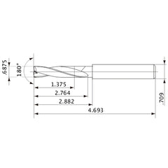 MFE1746X02S180 DP1020 11/16″ Dia. × 0.709″ Shank × 2.764″ Flute Length × 4.693″ OAL, 180°, 2 Flute, External Coolant, Solid Carbide Drill