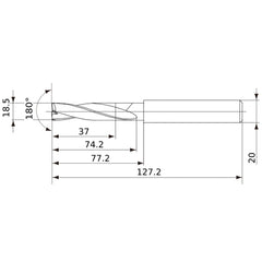 MFE1850X02S200 DP1020 18.5 mm Dia. × 20 mm Shank × 74 mm Flute Length × 127 mm OAL, 180°, 2 Flute, External Coolant, Solid Carbide Drill