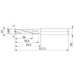 MFE1900X02S200 DP1020 19 mm Dia. × 20 mm Shank × 76 mm Flute Length × 127 mm OAL, 180°, 2 Flute, External Coolant, Solid Carbide Drill