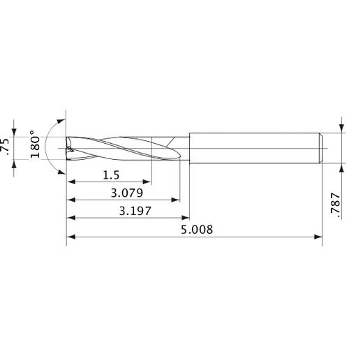 MFE1905X02S200 DP1020 3/4″ Dia. × 0.787″ Shank × 3.079″ Flute Length × 5.008″ OAL, 180°, 2 Flute, External Coolant, Solid Carbide Drill