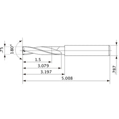 MFE1905X02S200 DP1020 3/4″ Dia. × 0.787″ Shank × 3.079″ Flute Length × 5.008″ OAL, 180°, 2 Flute, External Coolant, Solid Carbide Drill