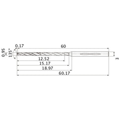 MHS0095L015B VP15TF 0.95 mm Dia. × 3 mm Shank × 15.17 mm Flute Length × 60.17 mm OAL, 135°, 2 Flute, Coolant Thru, Solid Carbide Drill