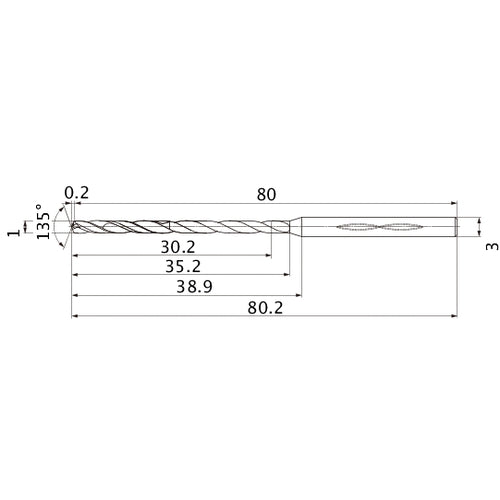MHS0100L035B VP15TF 1 mm Dia. × 3 mm Shank × 35.2 mm Flute Length × 80.2 mm OAL, 135°, 2 Flute, Coolant Thru, Solid Carbide Drill