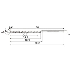 MHS0100L035B VP15TF 1 mm Dia. × 3 mm Shank × 35.2 mm Flute Length × 80.2 mm OAL, 135°, 2 Flute, Coolant Thru, Solid Carbide Drill