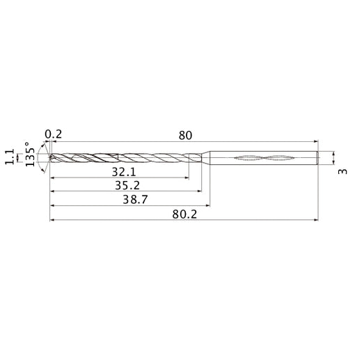 MHS0110L035B VP15TF 1.1 mm Dia. × 3 mm Shank × 35.2 mm Flute Length × 80.2 mm OAL, 135°, 2 Flute, Coolant Thru, Solid Carbide Drill
