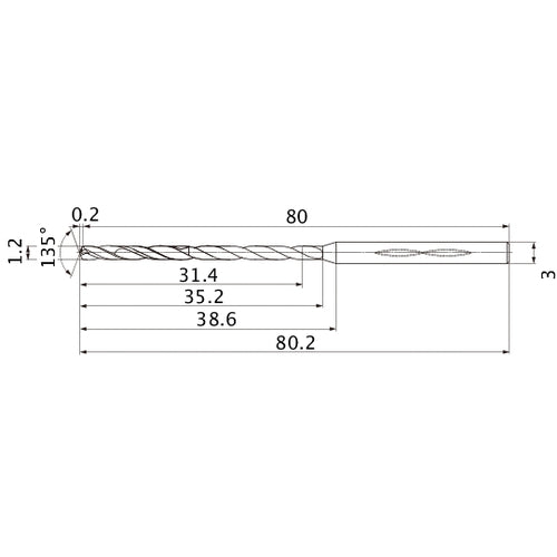MHS0120L035B VP15TF 1.2 mm Dia. × 3 mm Shank × 35.2 mm Flute Length × 80.2 mm OAL, 135°, 2 Flute, Coolant Thru, Solid Carbide Drill