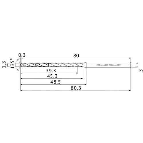 MHS0130L045B VP15TF 1.3 mm Dia. × 3 mm Shank × 45.3 mm Flute Length × 80.3 mm OAL, 135°, 2 Flute, Coolant Thru, Solid Carbide Drill
