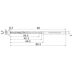 MHS0130L045B VP15TF 1.3 mm Dia. × 3 mm Shank × 45.3 mm Flute Length × 80.3 mm OAL, 135°, 2 Flute, Coolant Thru, Solid Carbide Drill