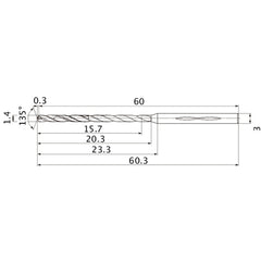 MHS0140L020B VP15TF 1.4 mm Dia. × 3 mm Shank × 20.3 mm Flute Length × 60.3 mm OAL, 135°, 2 Flute, Coolant Thru, Solid Carbide Drill