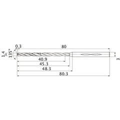 MHS0140L045B VP15TF 1.4 mm Dia. × 3 mm Shank × 45.3 mm Flute Length × 80.3 mm OAL, 135°, 2 Flute, Coolant Thru, Solid Carbide Drill