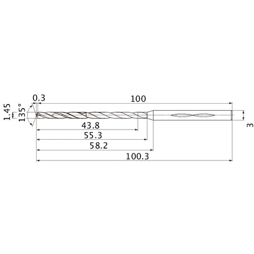 MHS0145L055B VP15TF 1.45 mm Dia. × 3 mm Shank × 55.3 mm Flute Length × 100.3 mm OAL, 135°, 2 Flute, Coolant Thru, Solid Carbide Drill