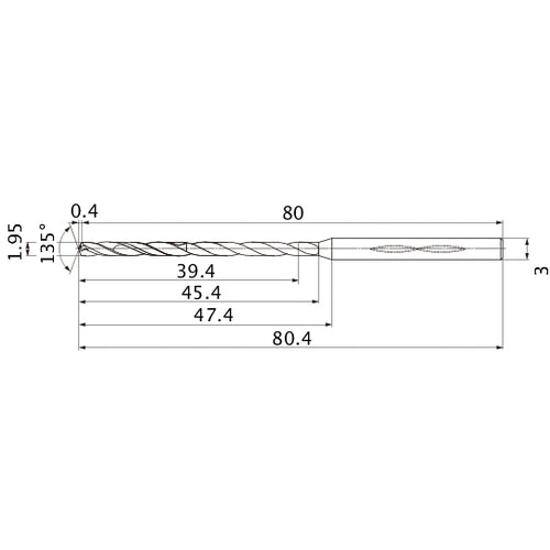 MHS0195L045B VP15TF 1.95 mm Dia. × 3 mm Shank × 45.4 mm Flute Length × 80.4 mm OAL, 135°, 2 Flute, Coolant Thru, Solid Carbide Drill