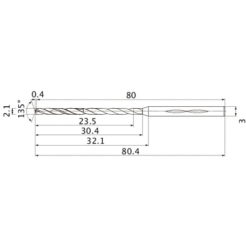 MHS0210L030B VP15TF 2.1 mm Dia. × 3 mm Shank × 30.4 mm Flute Length × 80.4 mm OAL, 135°, 2 Flute, Coolant Thru, Solid Carbide Drill