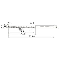 MHS0210L075B VP15TF 2.1 mm Dia. × 3 mm Shank × 75.4 mm Flute Length × 120.4 mm OAL, 135°, 2 Flute, Coolant Thru, Solid Carbide Drill