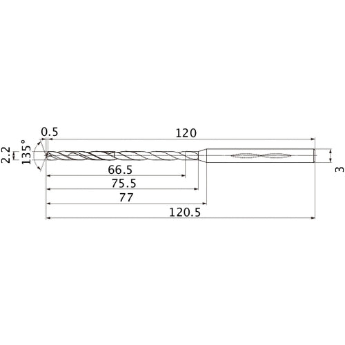 MHS0220L075B VP15TF 2.2 mm Dia. × 3 mm Shank × 75.5 mm Flute Length × 120.5 mm OAL, 135°, 2 Flute, Coolant Thru, Solid Carbide Drill