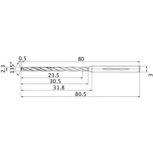 MHS0230L030B VP15TF 2.3 mm Dia. × 3 mm Shank × 30.5 mm Flute Length × 80.5 mm OAL, 135°, 2 Flute, Coolant Thru, Solid Carbide Drill