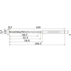 MHS0240L055B VP15TF 2.4 mm Dia. × 3 mm Shank × 55.5 mm Flute Length × 100.5 mm OAL, 135°, 2 Flute, Coolant Thru, Solid Carbide Drill
