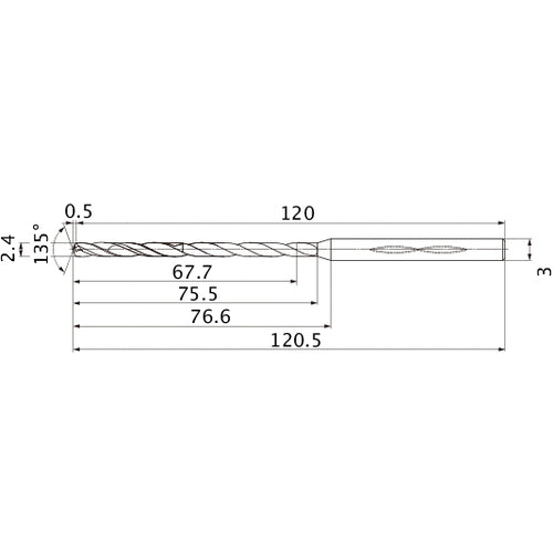 MHS0240L075B VP15TF 2.4 mm Dia. × 3 mm Shank × 75.5 mm Flute Length × 120.5 mm OAL, 135°, 2 Flute, Coolant Thru, Solid Carbide Drill