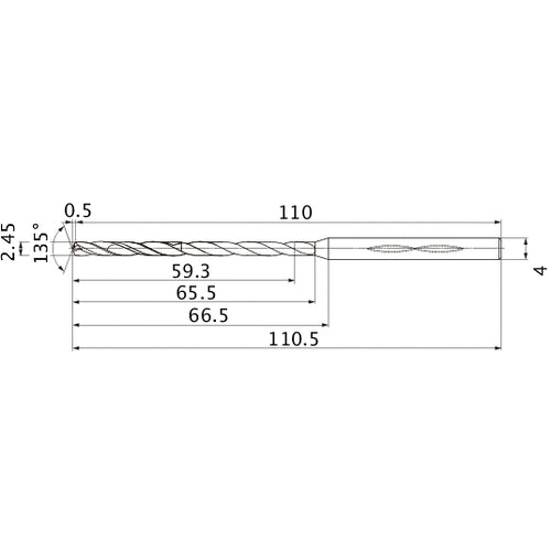 MHS0245L065B VP15TF 2.45 mm Dia. × 4 mm Shank × 65.5 mm Flute Length × 110.5 mm OAL, 135°, 2 Flute, Coolant Thru, Solid Carbide Drill