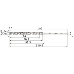 MHS0245L090B VP15TF 2.45 mm Dia. × 4 mm Shank × 90.5 mm Flute Length × 140.5 mm OAL, 135°, 2 Flute, Coolant Thru, Solid Carbide Drill