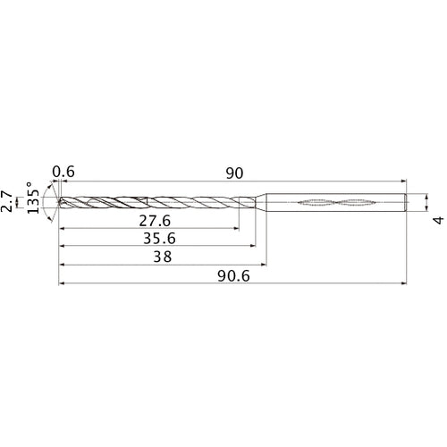 MHS0270L035B VP15TF 2.7 mm Dia. × 4 mm Shank × 35.6 mm Flute Length × 90.6 mm OAL, 135°, 2 Flute, Coolant Thru, Solid Carbide Drill
